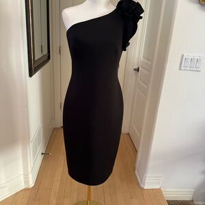 Eliza J Black One Shoulder Sheath Dress with Ruffled Embellishment for Cocktail